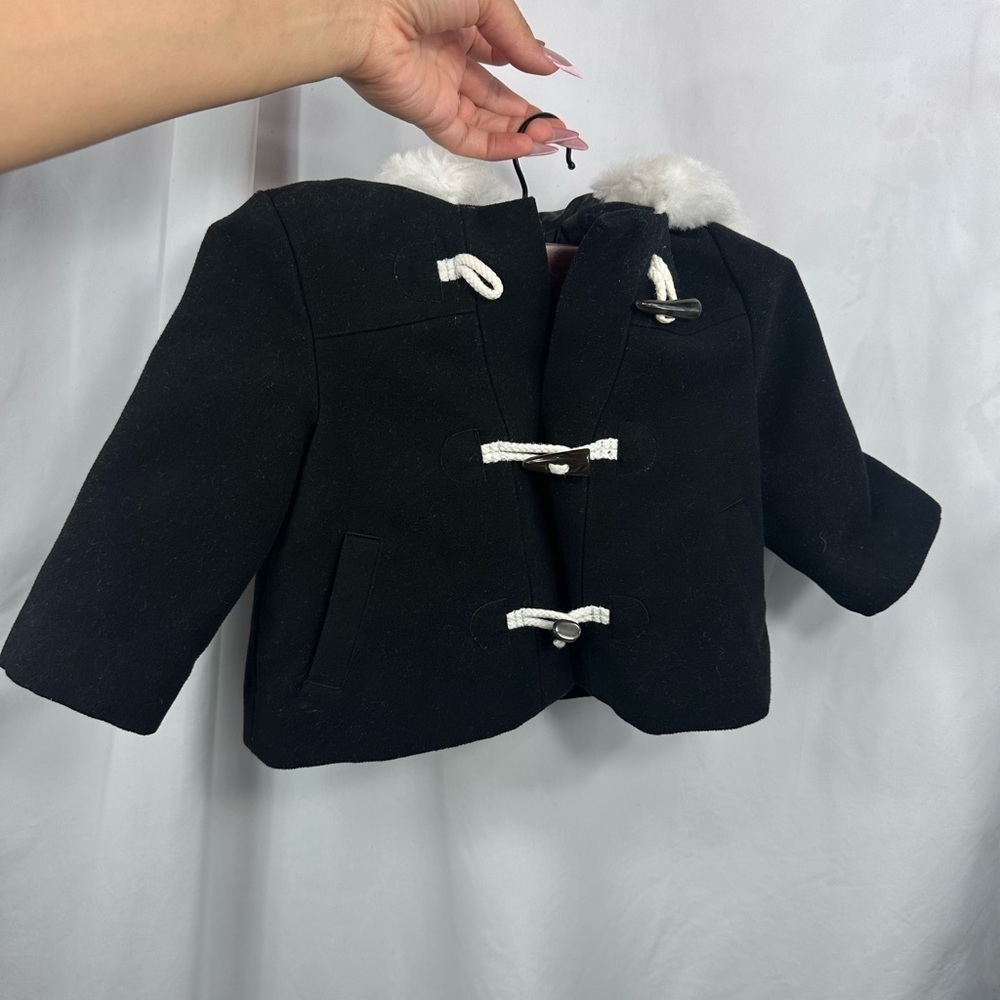 Janie and Jack black faur fur trimmed hooded coat size 12-18